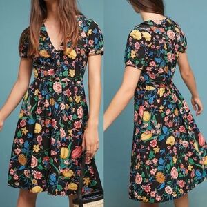 Floral Fit-and-Flare Dress in Black with Multicolor Blooms
